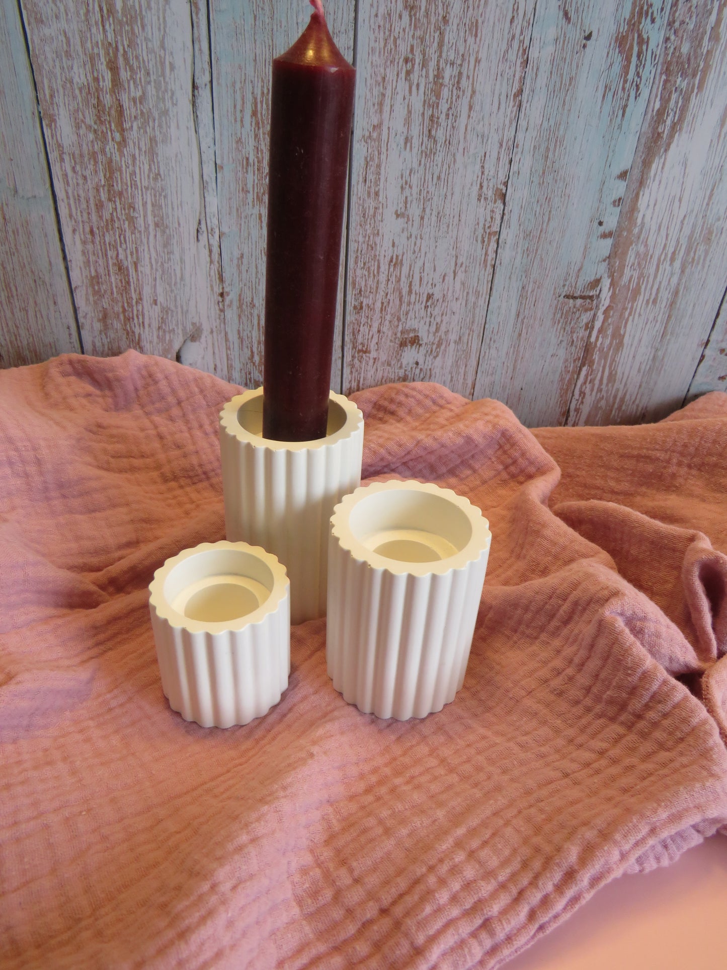 Geriffelte Kerzenhalter aus Gipskeramik (Keracraft) | 3er-Set modern weiß |